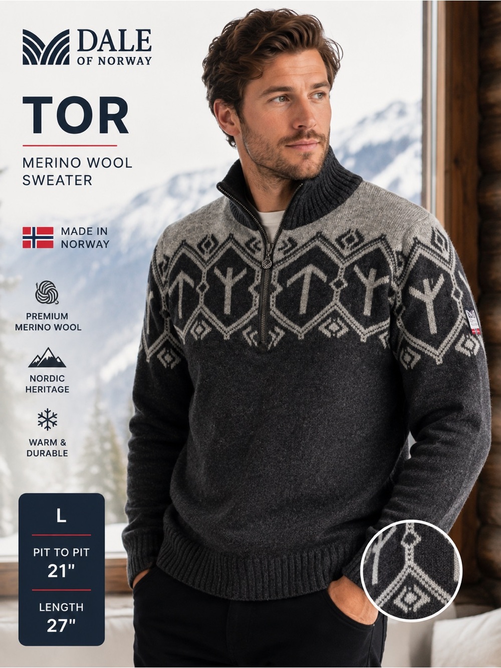 Dale of Norway Tor Wool Sweater Large Nordic Ski 1/4 Zip Gray